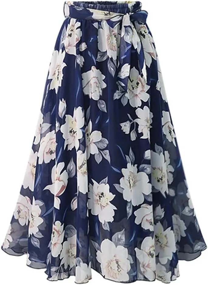 Women Summer Loose Elastic High Waist Chiffon Midi Skirts Plus Size Print Floral Skirt