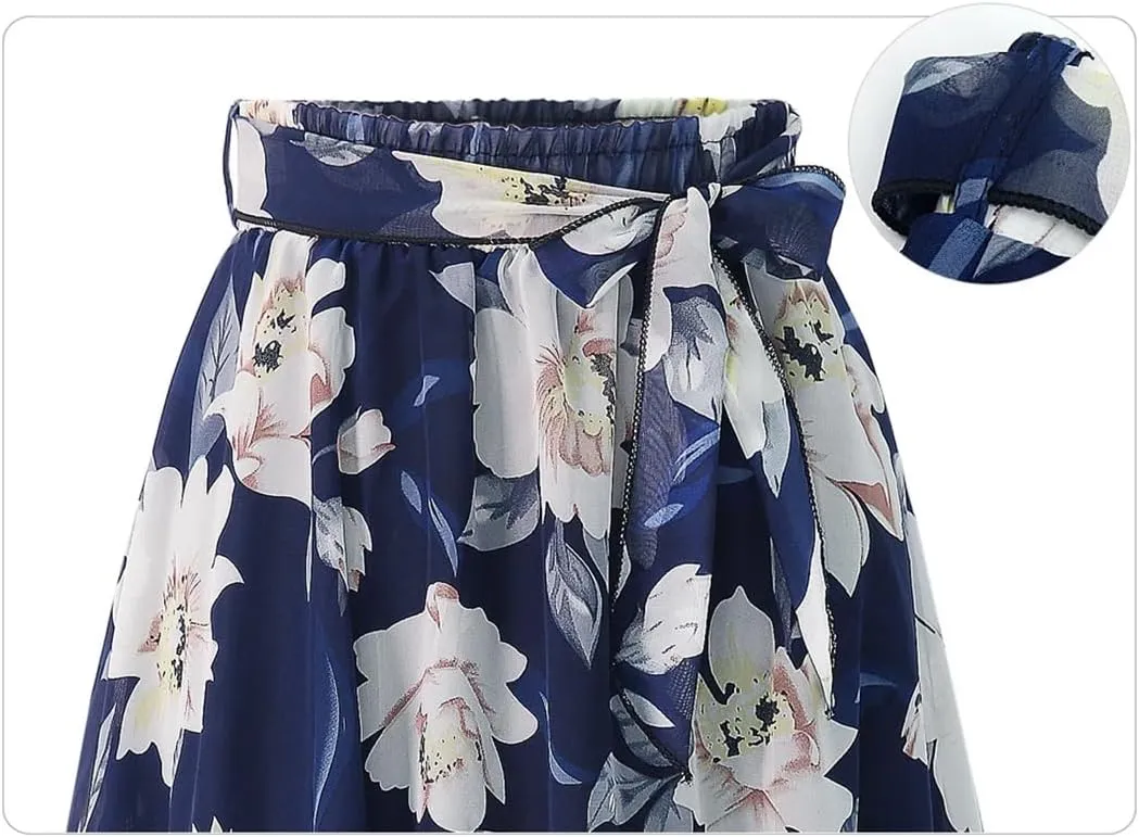 Women Summer Loose Elastic High Waist Chiffon Midi Skirts Plus Size Print Floral Skirt