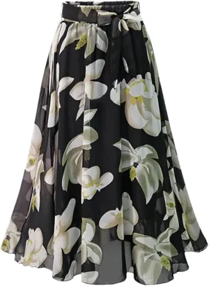 Women Summer Loose Elastic High Waist Chiffon Midi Skirts Plus Size Print Floral Skirt
