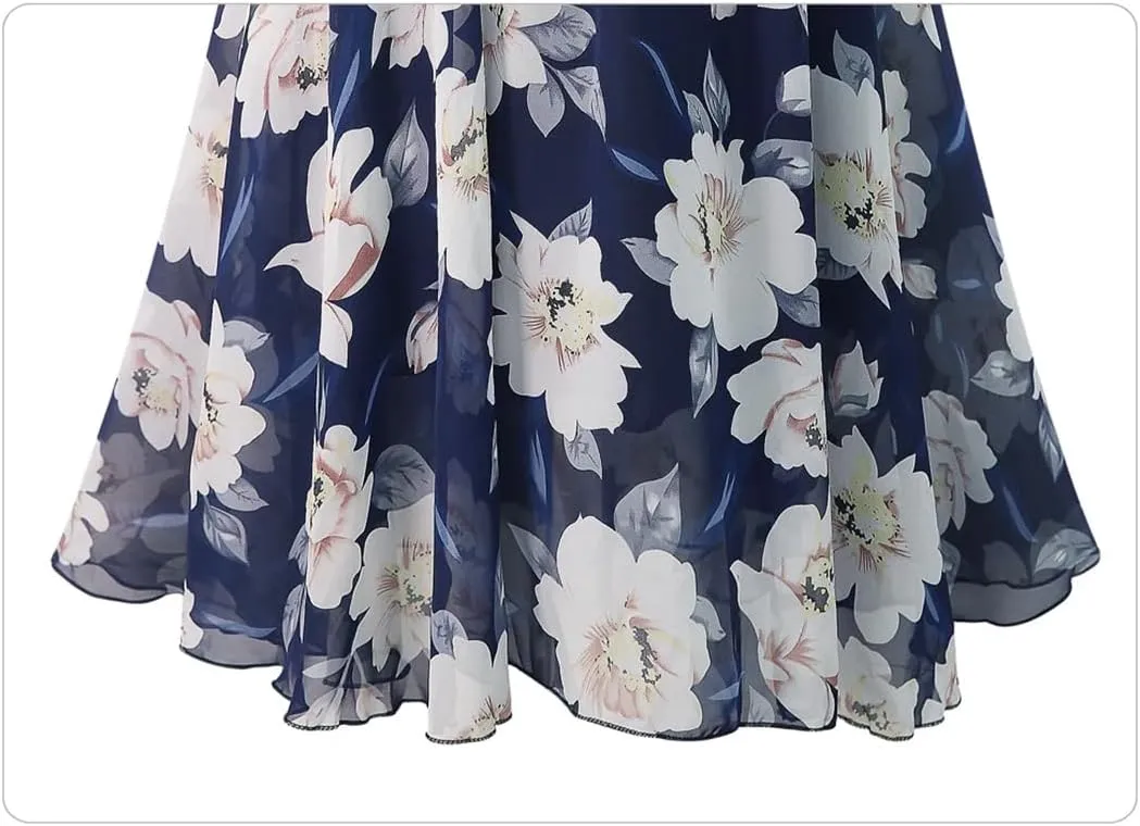 Women Summer Loose Elastic High Waist Chiffon Midi Skirts Plus Size Print Floral Skirt