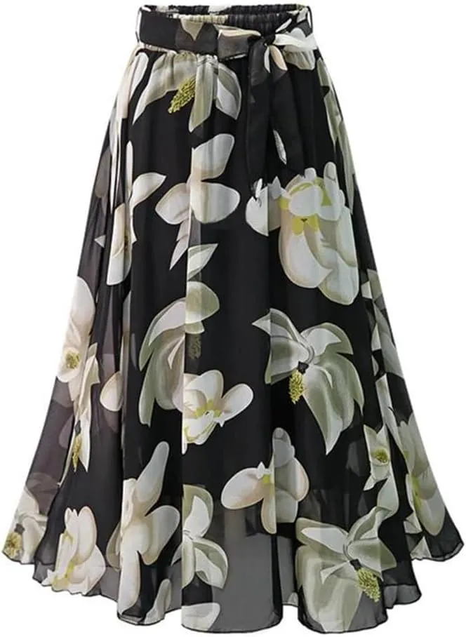 Women Summer Loose Elastic High Waist Chiffon Midi Skirts Plus Size Print Floral Skirt