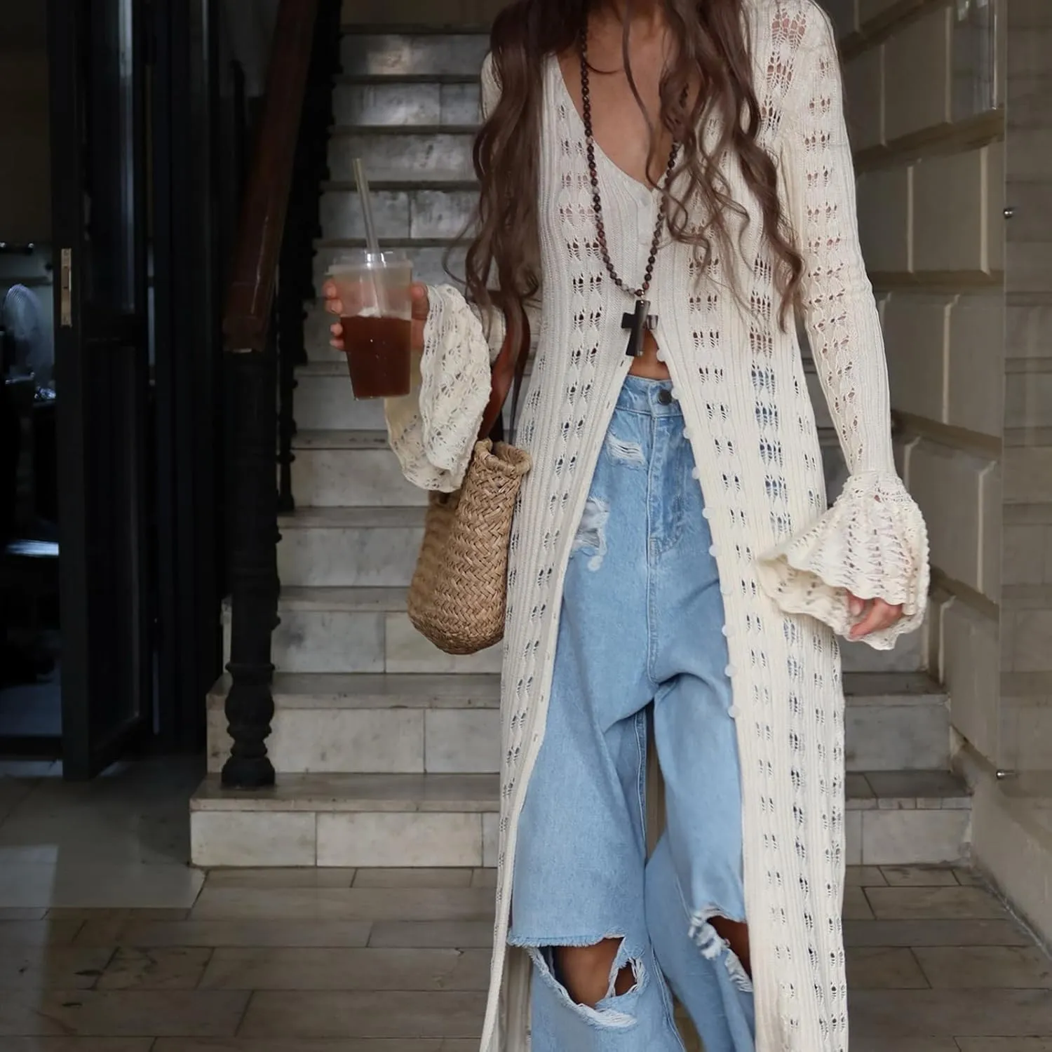 Women Vintage Crochet Granny Square Cardigan Jumper Long Sleeve Open Front Floral Knit Sweater Knitwear Long Cardigan