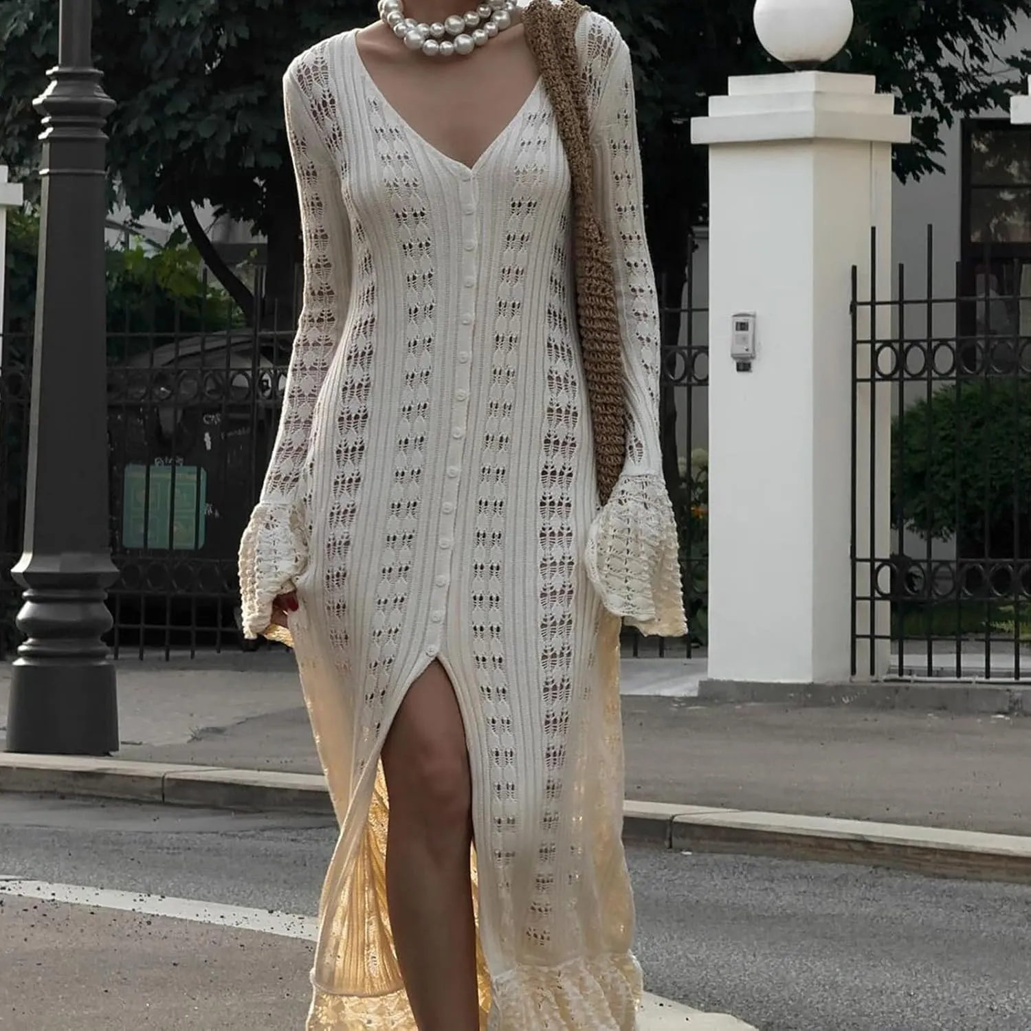 Women Vintage Crochet Granny Square Cardigan Jumper Long Sleeve Open Front Floral Knit Sweater Knitwear Long Cardigan