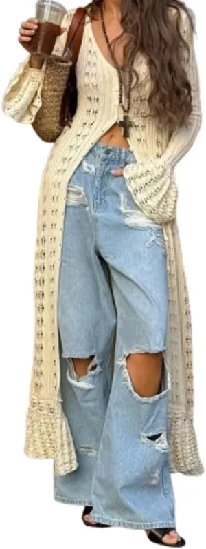 Women Vintage Crochet Granny Square Cardigan Jumper Long Sleeve Open Front Floral Knit Sweater Knitwear Long Cardigan