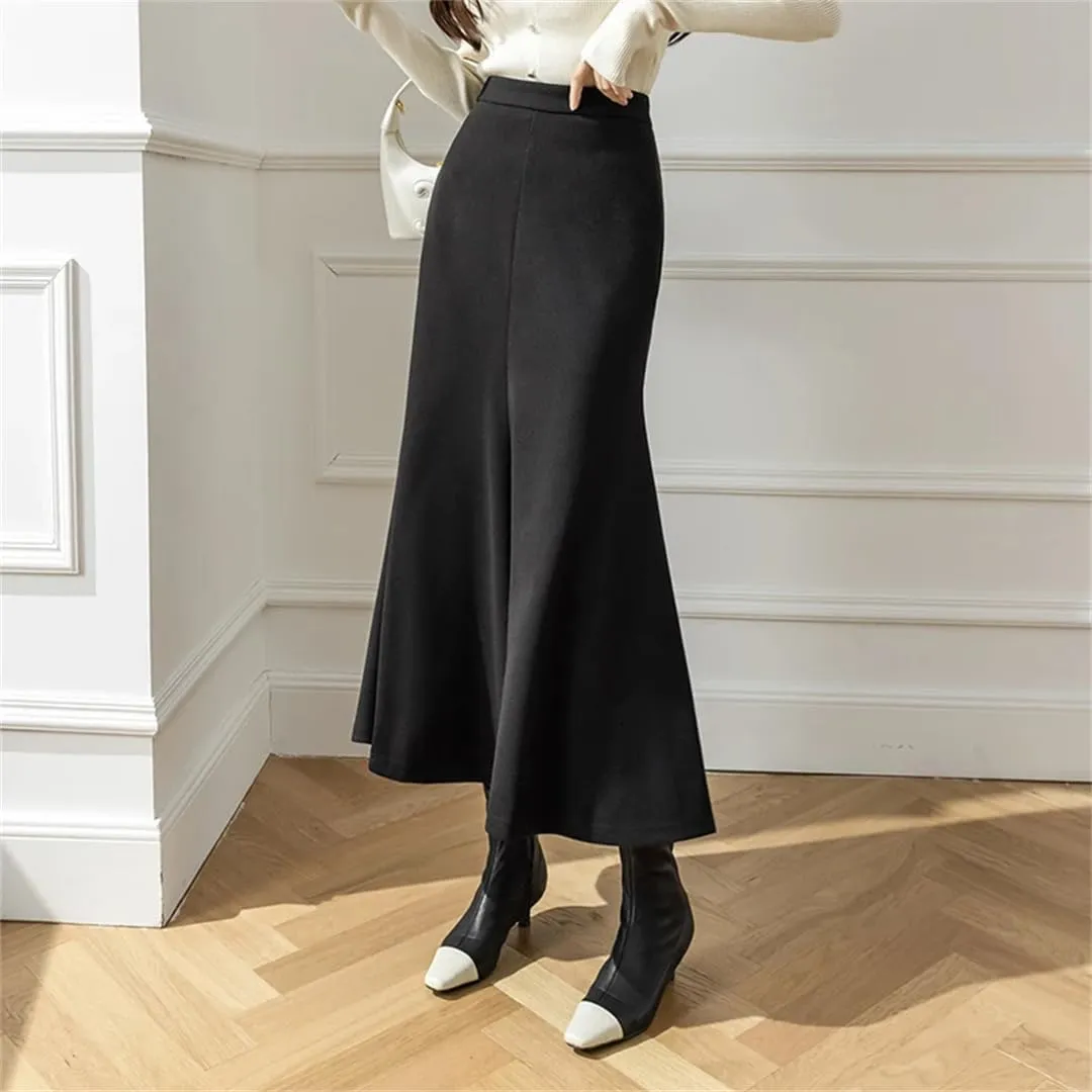 Women Winter Elegant High Waist Bodycon Fishtail Skirts Vintage Pleated Wrap Brown Black Long Skirt