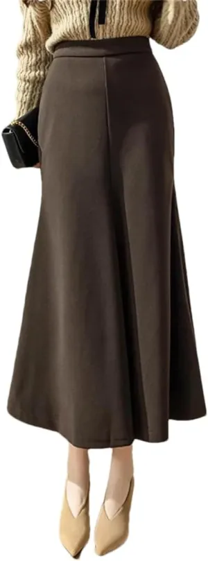 Women Winter Elegant High Waist Bodycon Fishtail Skirts Vintage Pleated Wrap Brown Black Long Skirt