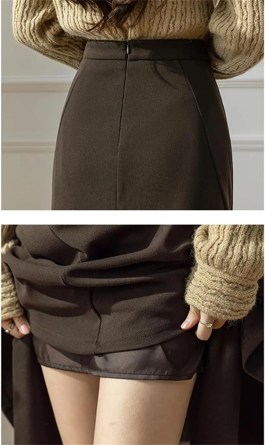 Women Winter Elegant High Waist Bodycon Fishtail Skirts Vintage Pleated Wrap Brown Black Long Skirt
