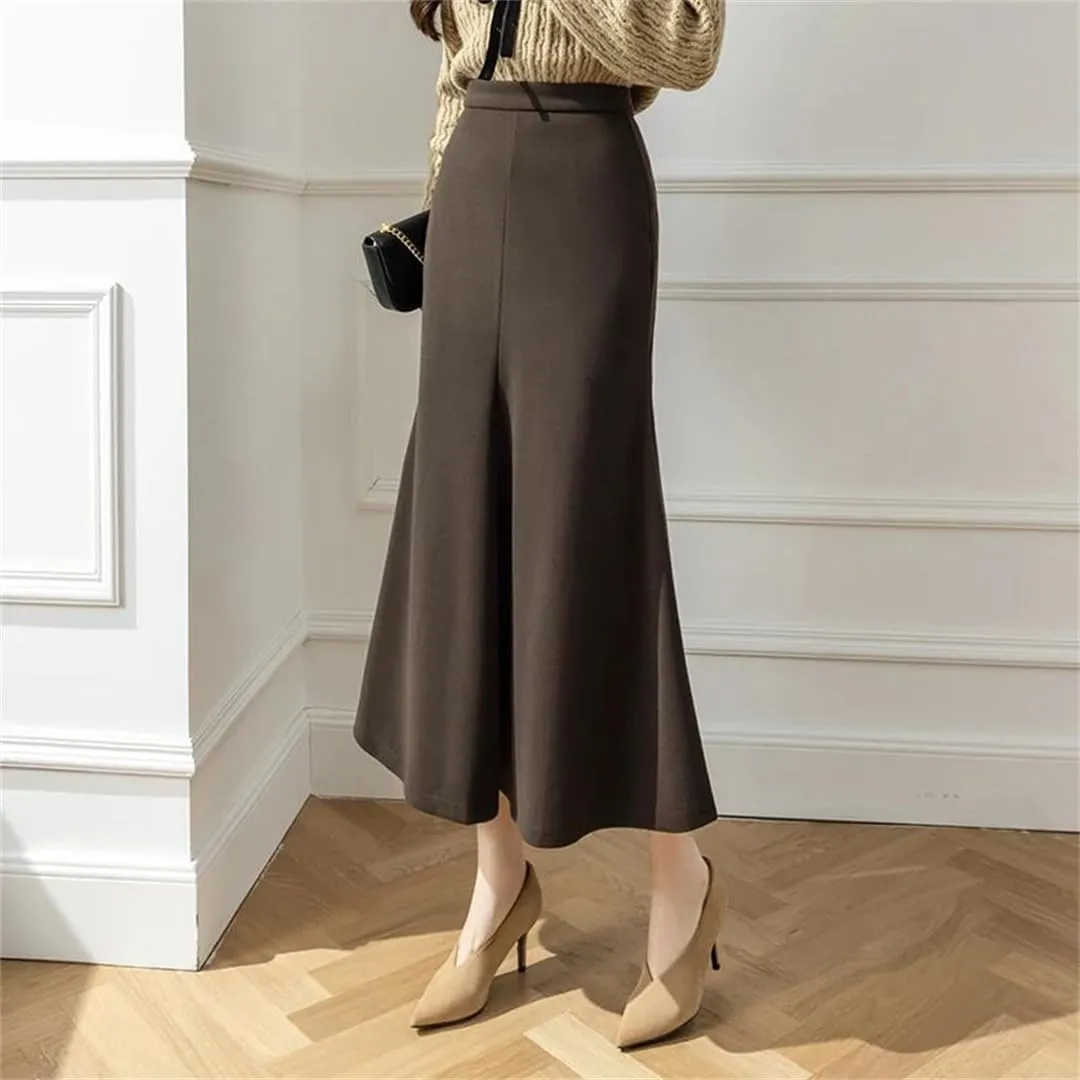 Women Winter Elegant High Waist Bodycon Fishtail Skirts Vintage Pleated Wrap Brown Black Long Skirt