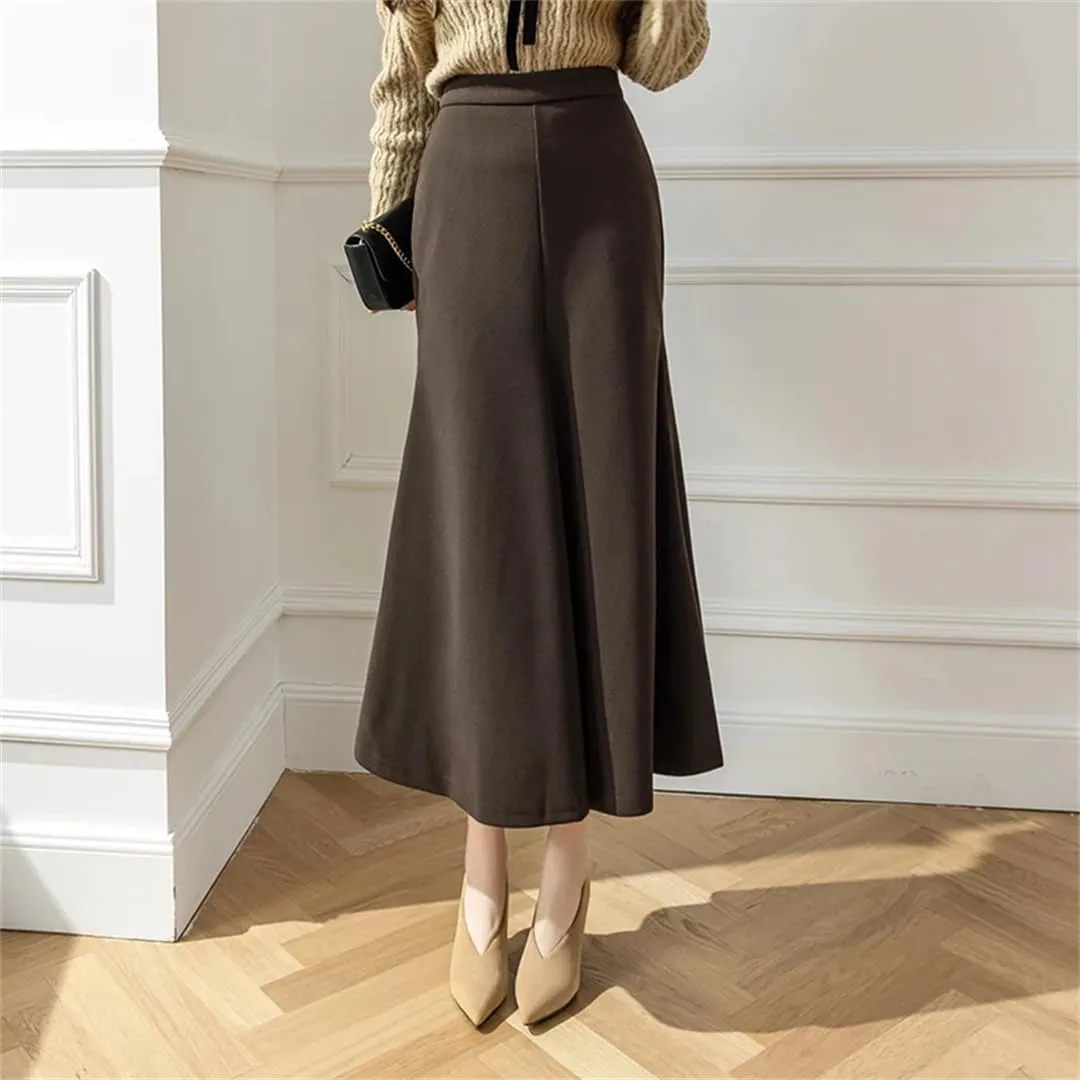 Women Winter Elegant High Waist Bodycon Fishtail Skirts Vintage Pleated Wrap Brown Black Long Skirt