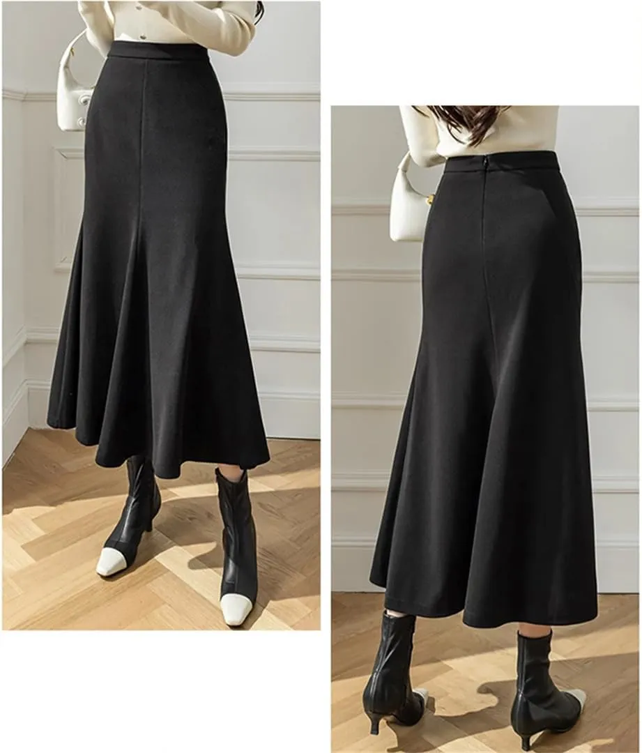 Women Winter Elegant High Waist Bodycon Fishtail Skirts Vintage Pleated Wrap Brown Black Long Skirt