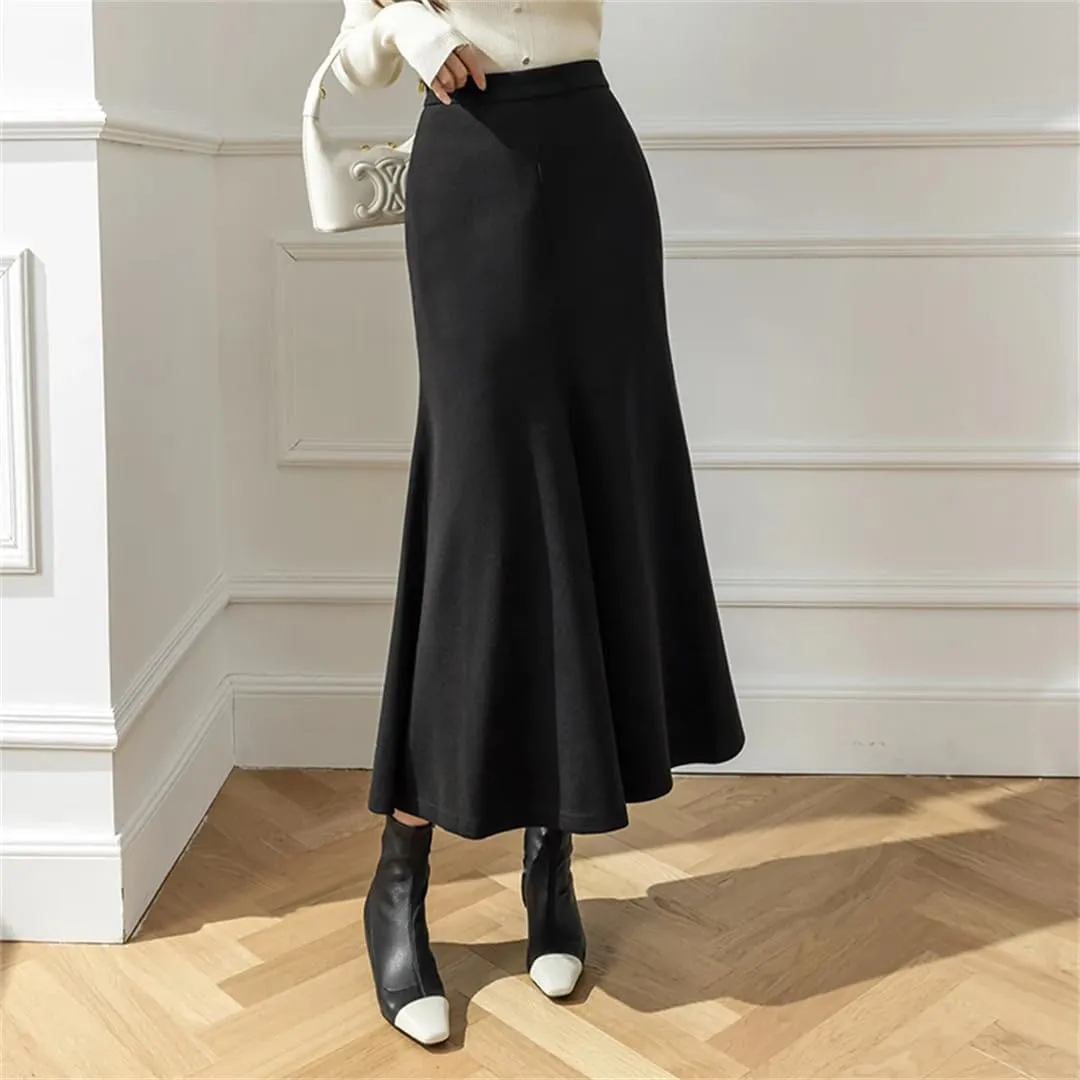 Women Winter Elegant High Waist Bodycon Fishtail Skirts Vintage Pleated Wrap Brown Black Long Skirt