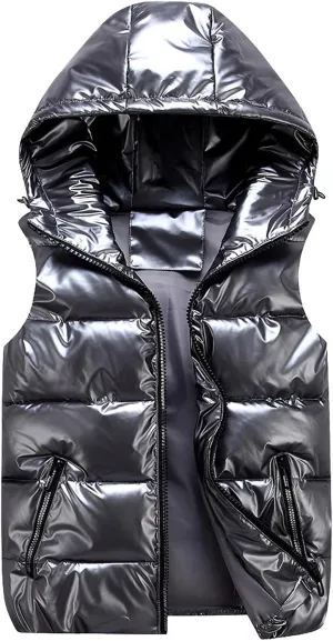 Women Winter Solid Color Full Zip Up Vest Jacket Sleeveless Lightweight Down Puffer Hooded Jacket with Zipper Pockets