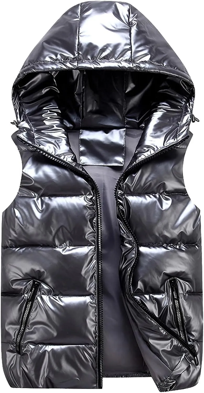 Women Winter Solid Color Full Zip Up Vest Jacket Sleeveless Lightweight Down Puffer Hooded Jacket with Zipper Pockets