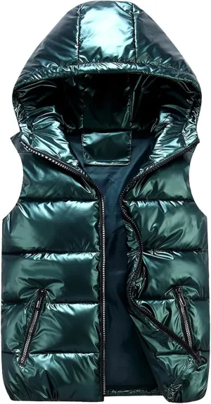 Women Winter Solid Color Full Zip Up Vest Jacket Sleeveless Lightweight Down Puffer Hooded Jacket with Zipper Pockets