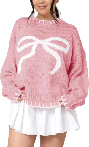 Women Y2K Bow Knit Sweater Crew Neck Long Sleeve Knitted Pullover Oversized Contrast Trim Knitwear