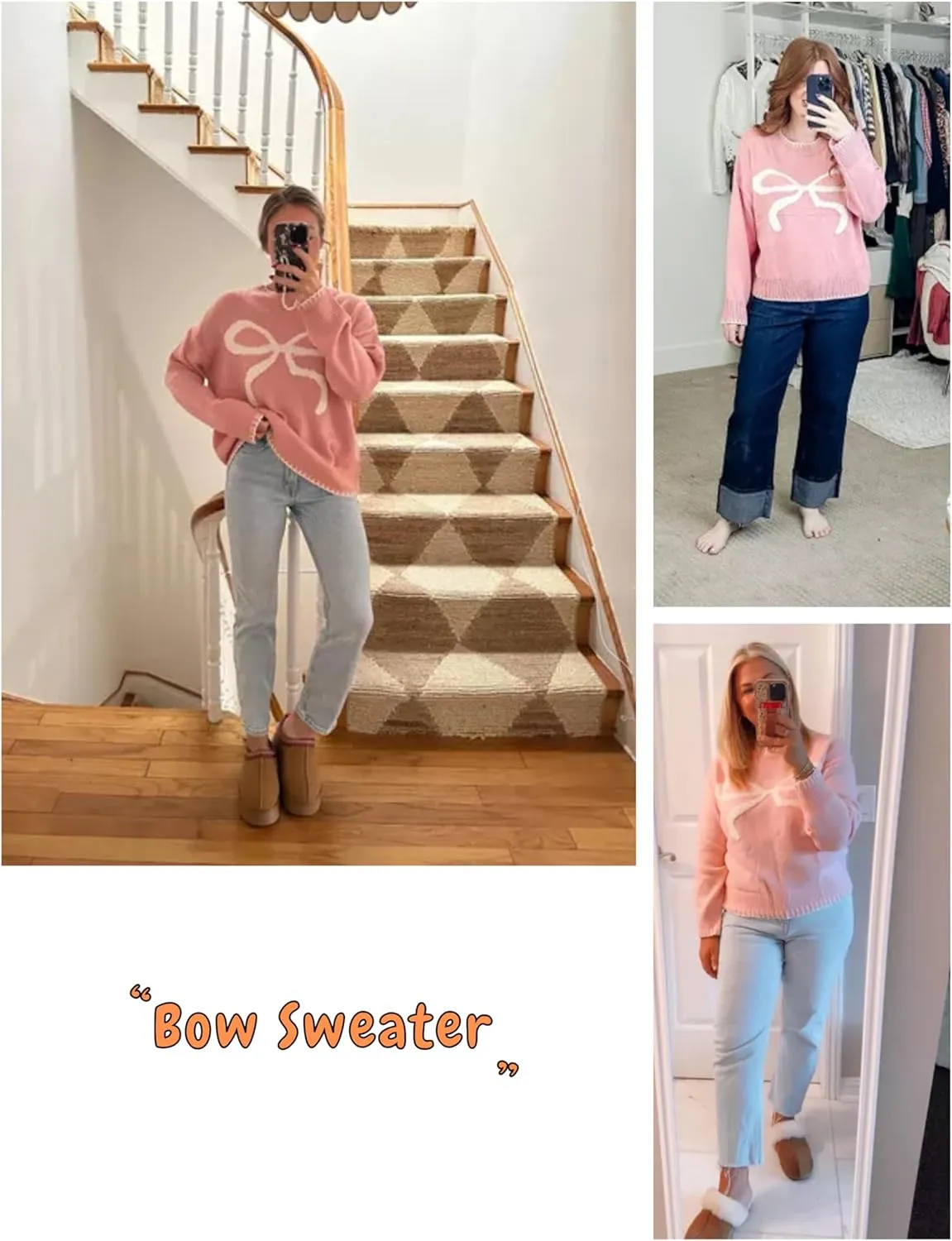 Women Y2K Bow Knit Sweater Crew Neck Long Sleeve Knitted Pullover Oversized Contrast Trim Knitwear