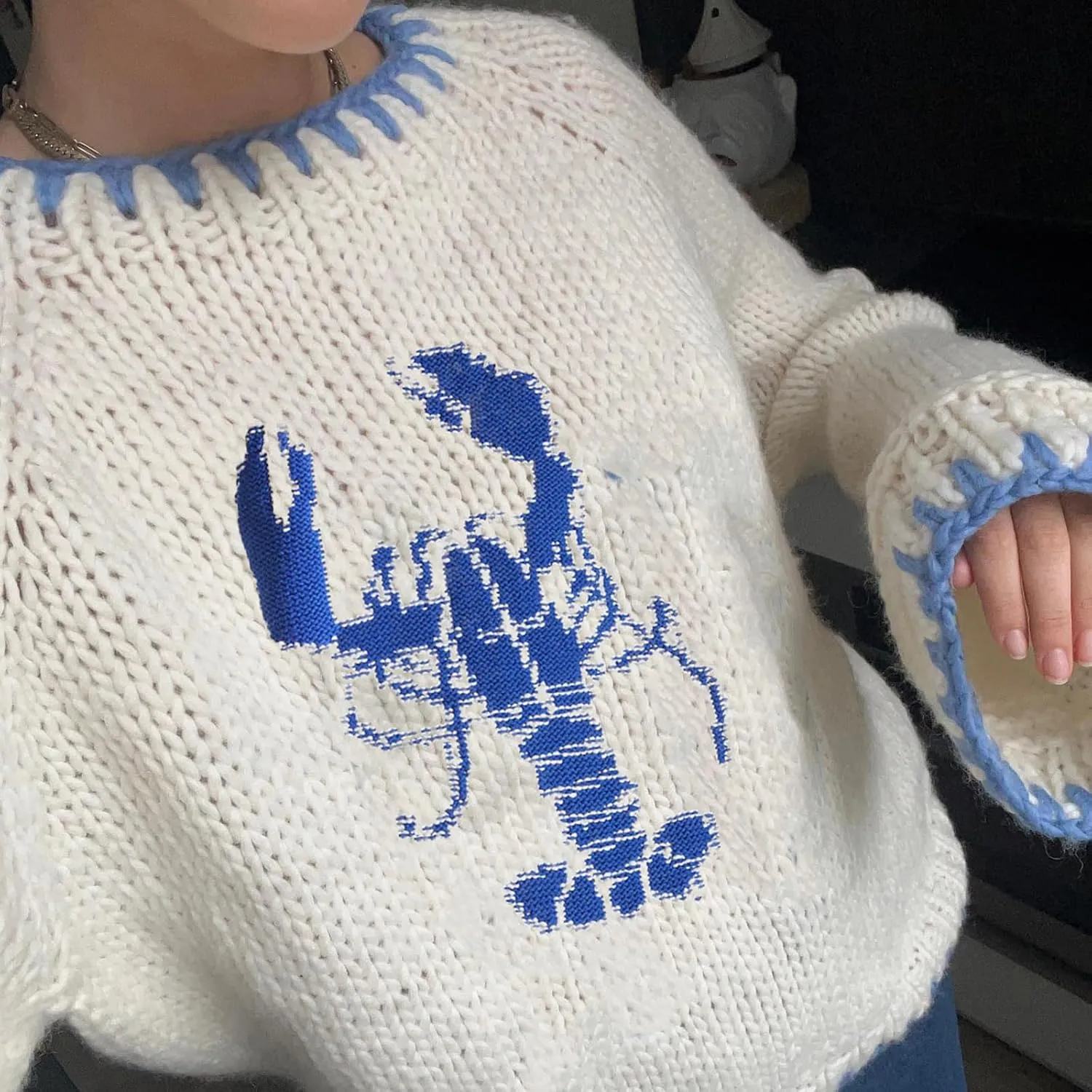 Women Y2K Graphic Knit Sweater Lobster Print Long Sleeve Loose Fit Sweater Vintage Oversized Pullover Top