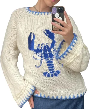 Women Y2K Graphic Knit Sweater Lobster Print Long Sleeve Loose Fit Sweater Vintage Oversized Pullover Top