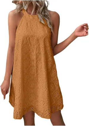 Womens 2024 Summer Dress Fashion Floral High Round Neck Smocked Boho Dress Casual Ruffle Beach Summer Mini Dress A-orange, XX-Large