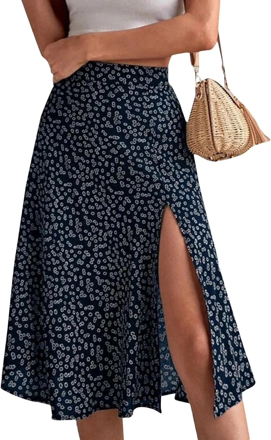Womens 2024 Summer High Waisted Flowy Slit Midi Skirts Casual Lightweight Boho Floral Beach Skirt