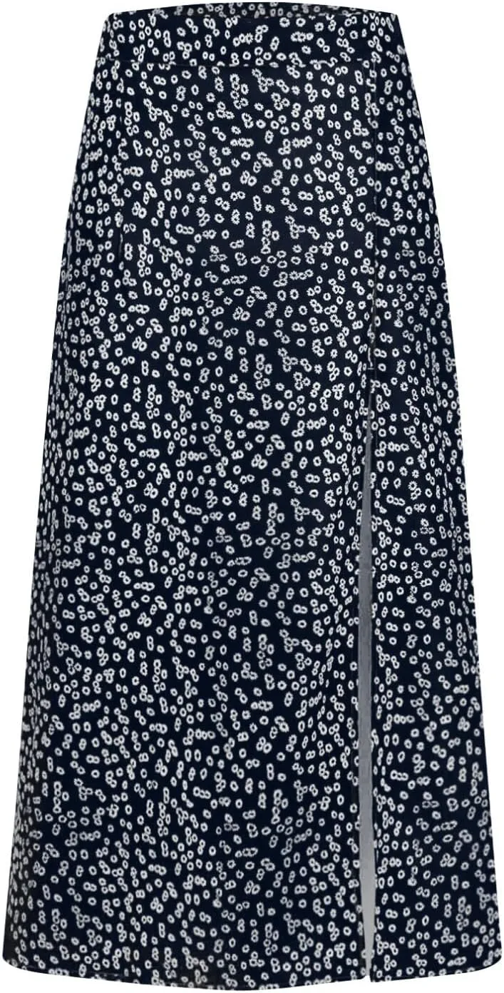 Womens 2024 Summer High Waisted Flowy Slit Midi Skirts Casual Lightweight Boho Floral Beach Skirt