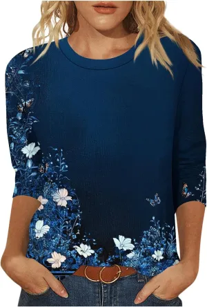 Womens 2025 Floral Boho Summer Tops 3/4 Length Sleeve Shirts Trendy Fashion Blouses Tunics Beach Vacation Clothes