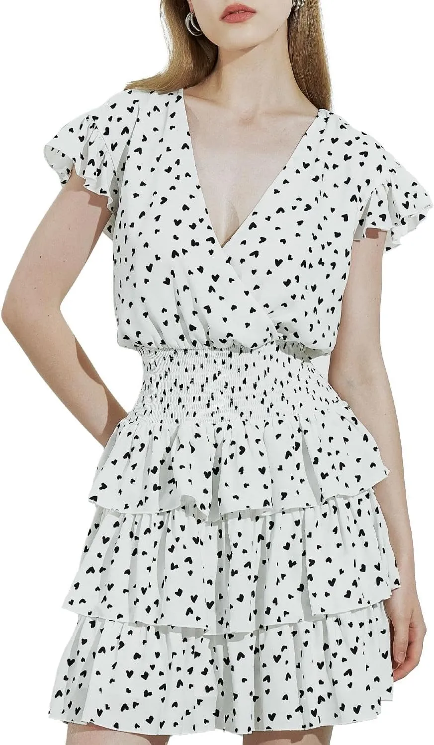 Womens 2025 Mini Dresses Floral Ruffle High Neck Short Butterfly Sleeve Flowy Swing Casual Summer Dresses Wear White