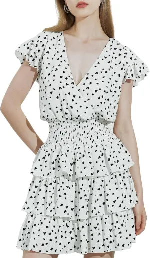 Womens 2025 Mini Dresses Floral Ruffle High Neck Short Butterfly Sleeve Flowy Swing Casual Summer Dresses Wear White