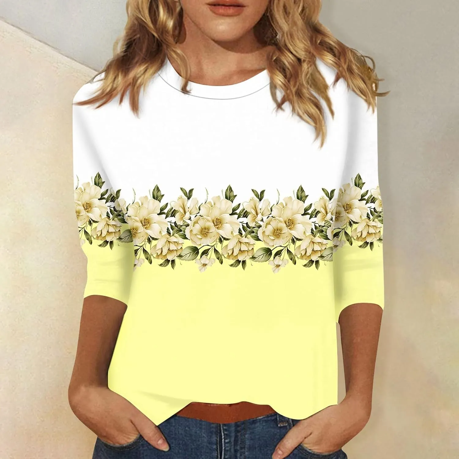 Womens 3/4 Length Sleeve Tops 2025 Summer Casual Geometric Print Crew Neck Blouse Fit Daily Womens 3/4 Sleeve T Shirts