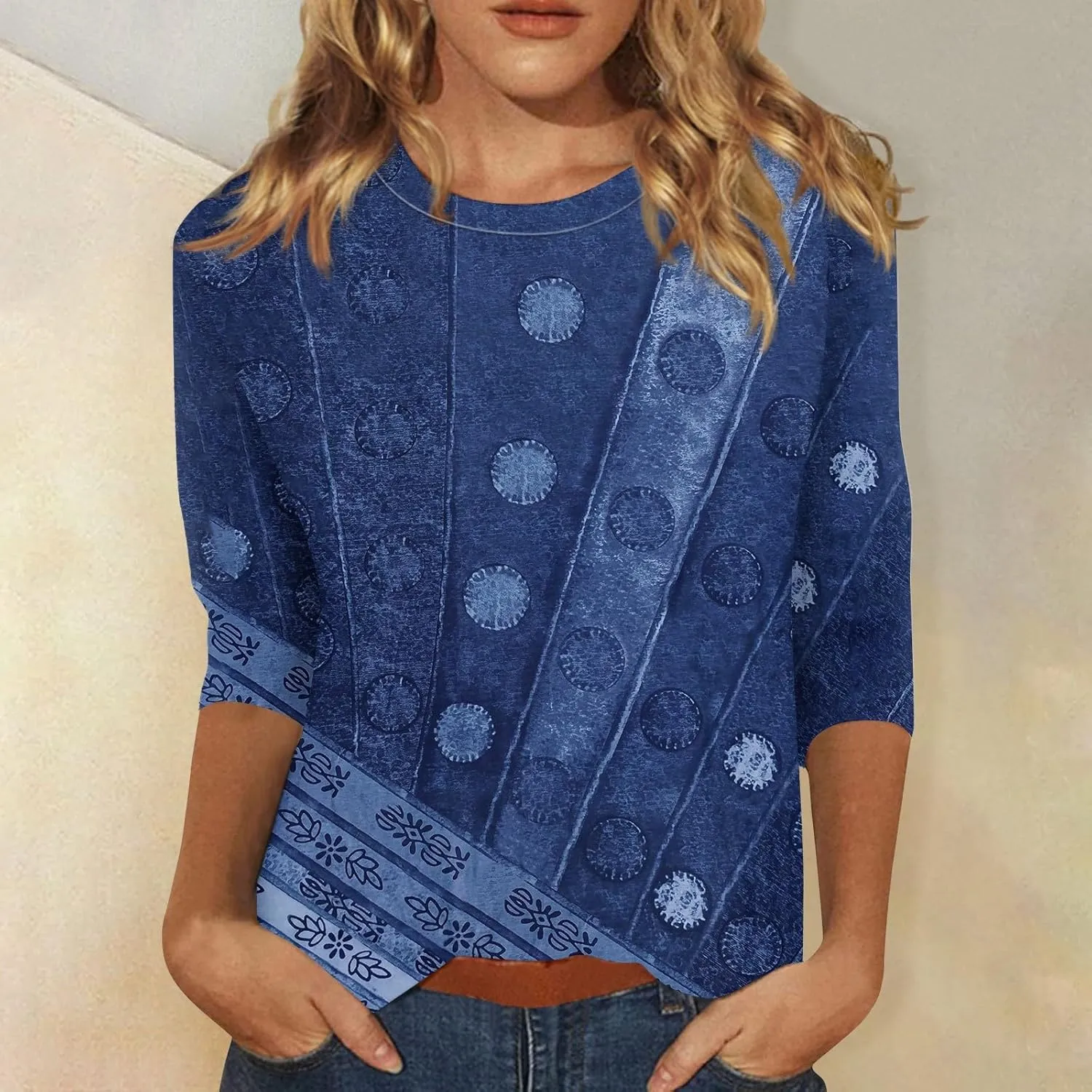 Womens 3/4 Length Sleeve Tops 2025 Summer Casual Geometric Print Crew Neck Blouse Fit Daily Womens 3/4 Sleeve T Shirts