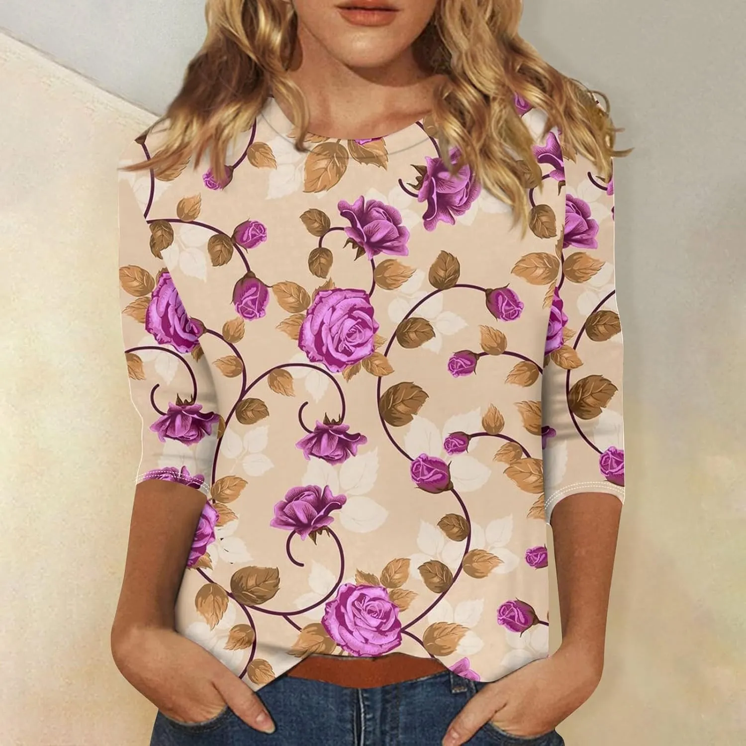 Womens 3/4 Length Sleeve Tops 2025 Summer Casual Geometric Print Crew Neck Blouse Fit Daily Womens 3/4 Sleeve T Shirts