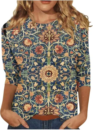 Womens 3/4 Length Sleeve Tops 2025 Summer Casual Geometric Print Crew Neck Blouse Fit Daily Womens 3/4 Sleeve T Shirts