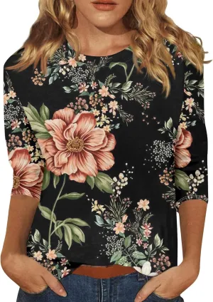 Womens 3/4 Length Sleeve Tops 2025 Summer Casual Geometric Print Crew Neck Blouse Fit Daily Womens 3/4 Sleeve T Shirts