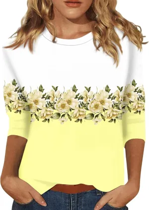 Womens 3/4 Length Sleeve Tops 2025 Summer Casual Geometric Print Crew Neck Blouse Fit Daily Womens 3/4 Sleeve T Shirts
