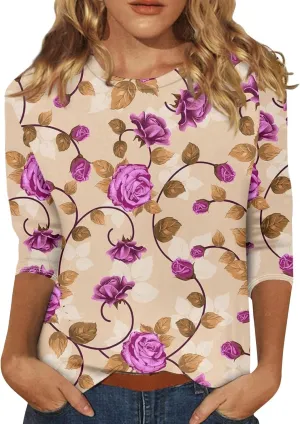 Womens 3/4 Length Sleeve Tops 2025 Summer Casual Geometric Print Crew Neck Blouse Fit Daily Womens 3/4 Sleeve T Shirts