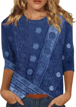 Womens 3/4 Length Sleeve Tops 2025 Summer Casual Geometric Print Crew Neck Blouse Fit Daily Womens 3/4 Sleeve T Shirts