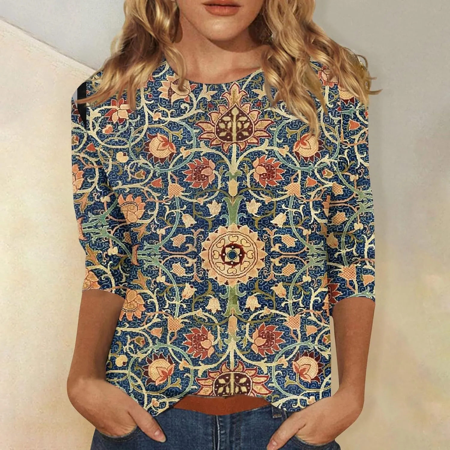 Womens 3/4 Length Sleeve Tops 2025 Summer Casual Geometric Print Crew Neck Blouse Fit Daily Womens 3/4 Sleeve T Shirts