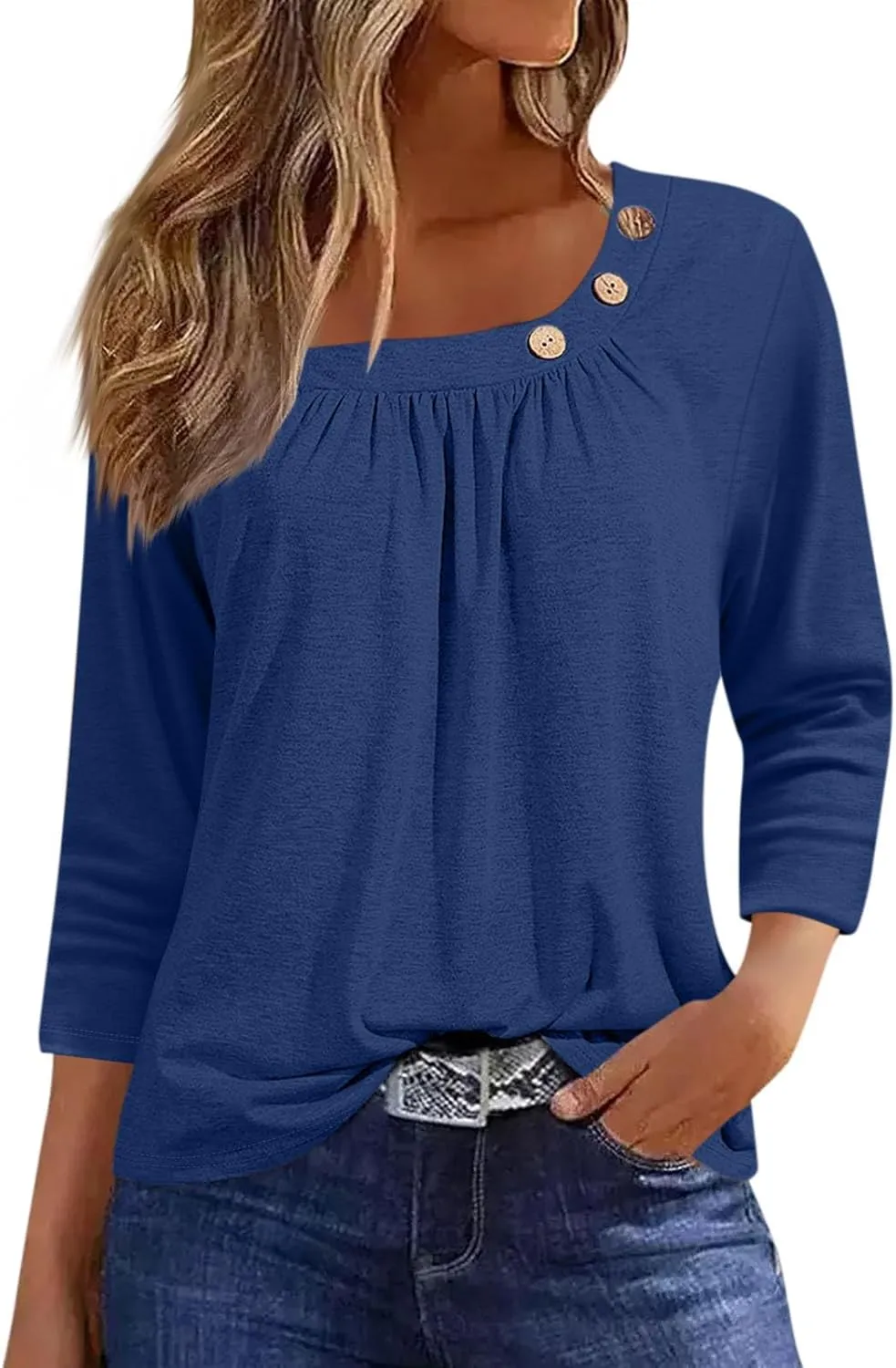 Womens 3/4 Sleeve Blouses Dressy Casual Loose Fit Shirts Button Decor Summer Trendy Tunic Tops