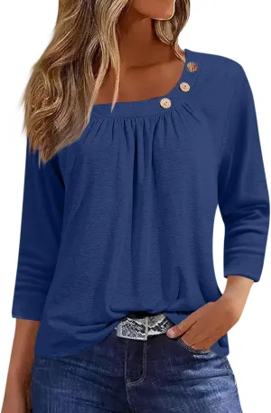 Womens 3/4 Sleeve Blouses Dressy Casual Loose Fit Shirts Button Decor Summer Trendy Tunic Tops