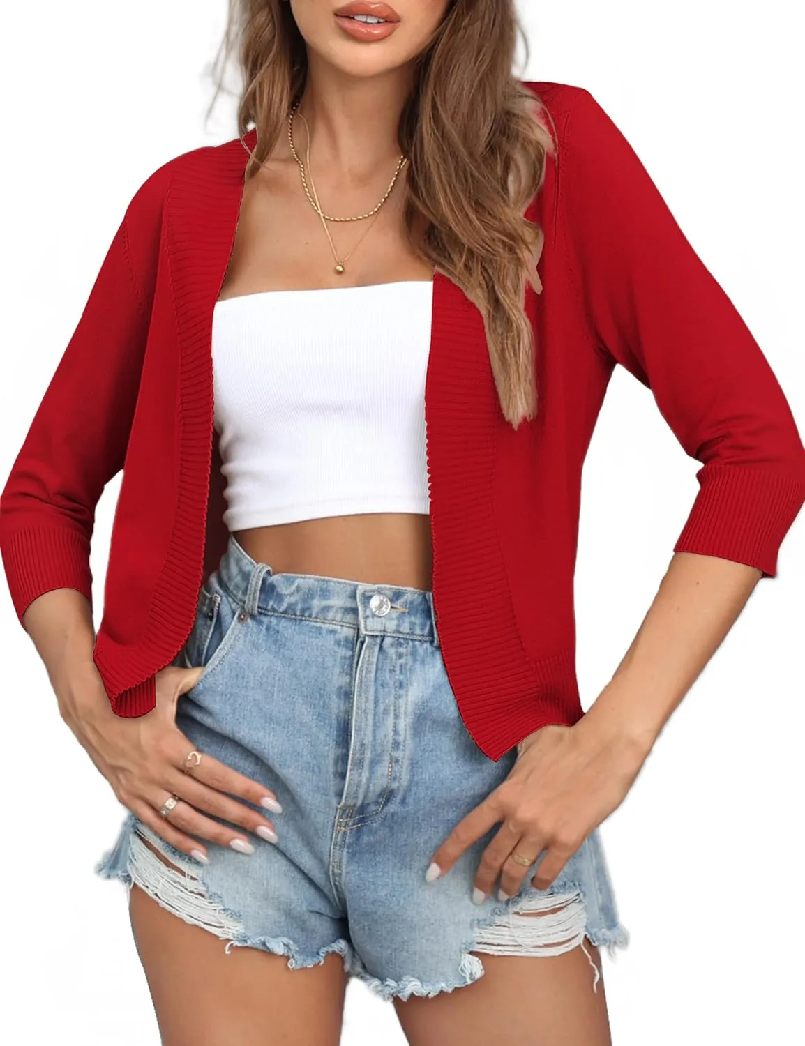 Women's 3/4 Sleeve Open Front Cropped Cardigan Sweaters Bolero Shrugs for Women S-XL