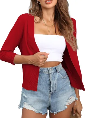 Women's 3/4 Sleeve Open Front Cropped Cardigan Sweaters Bolero Shrugs for Women S-XL