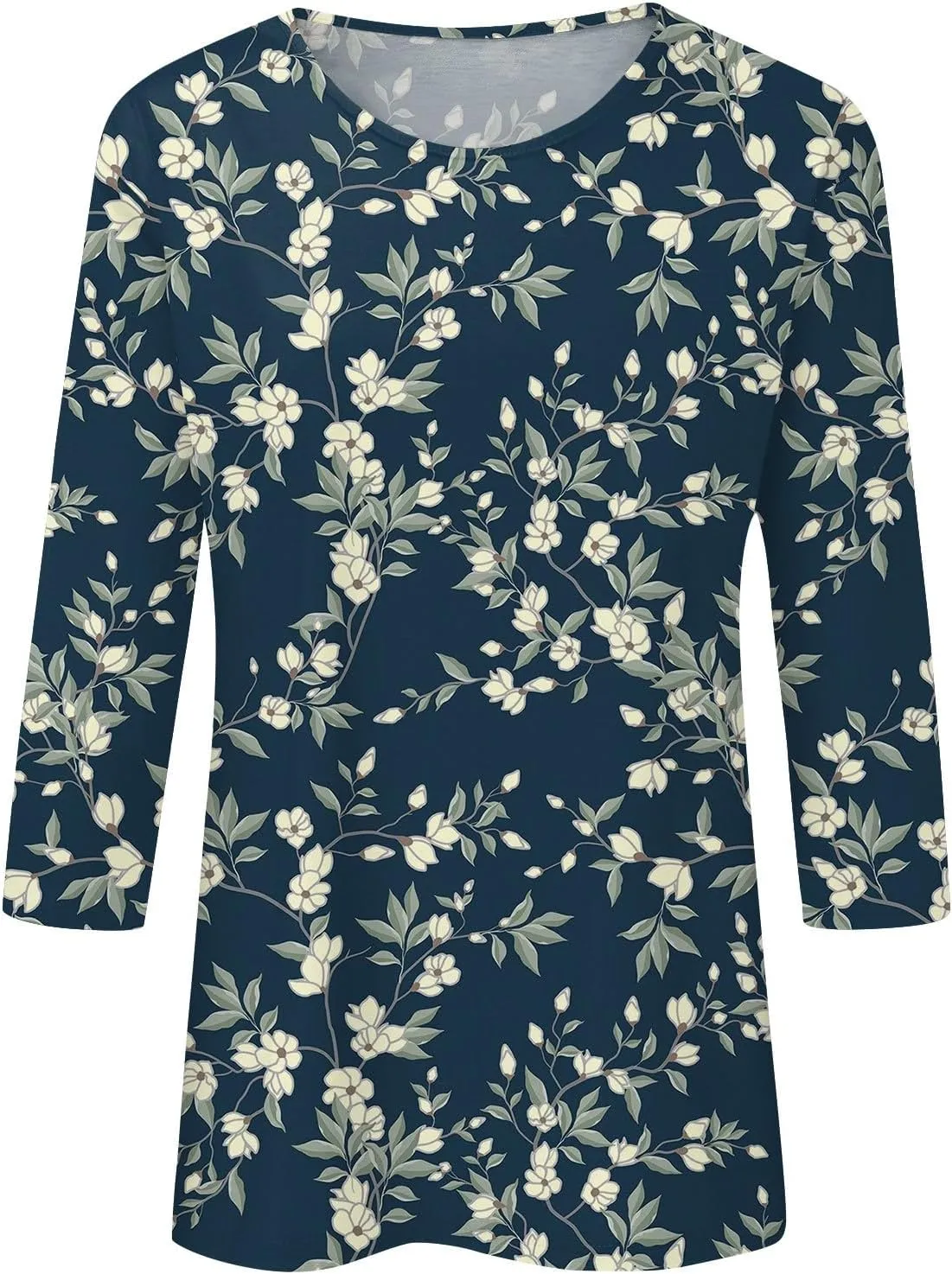 Women's 3/4 Sleeve Shirts Crew Neck Loose Tops Casual Floral Printed Tshirts Trendy Basic Tunic Summer Ladies Tops