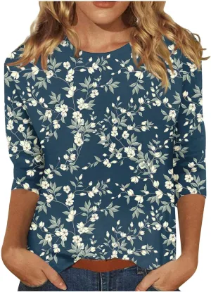 Women's 3/4 Sleeve Shirts Crew Neck Loose Tops Casual Floral Printed Tshirts Trendy Basic Tunic Summer Ladies Tops