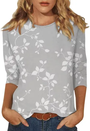 Womens 3/4 Sleeve Tops 2025 Spring Summer Print Round Neck Shirts Loose Fit Fashion Three Quarter Sleeve Tshirts