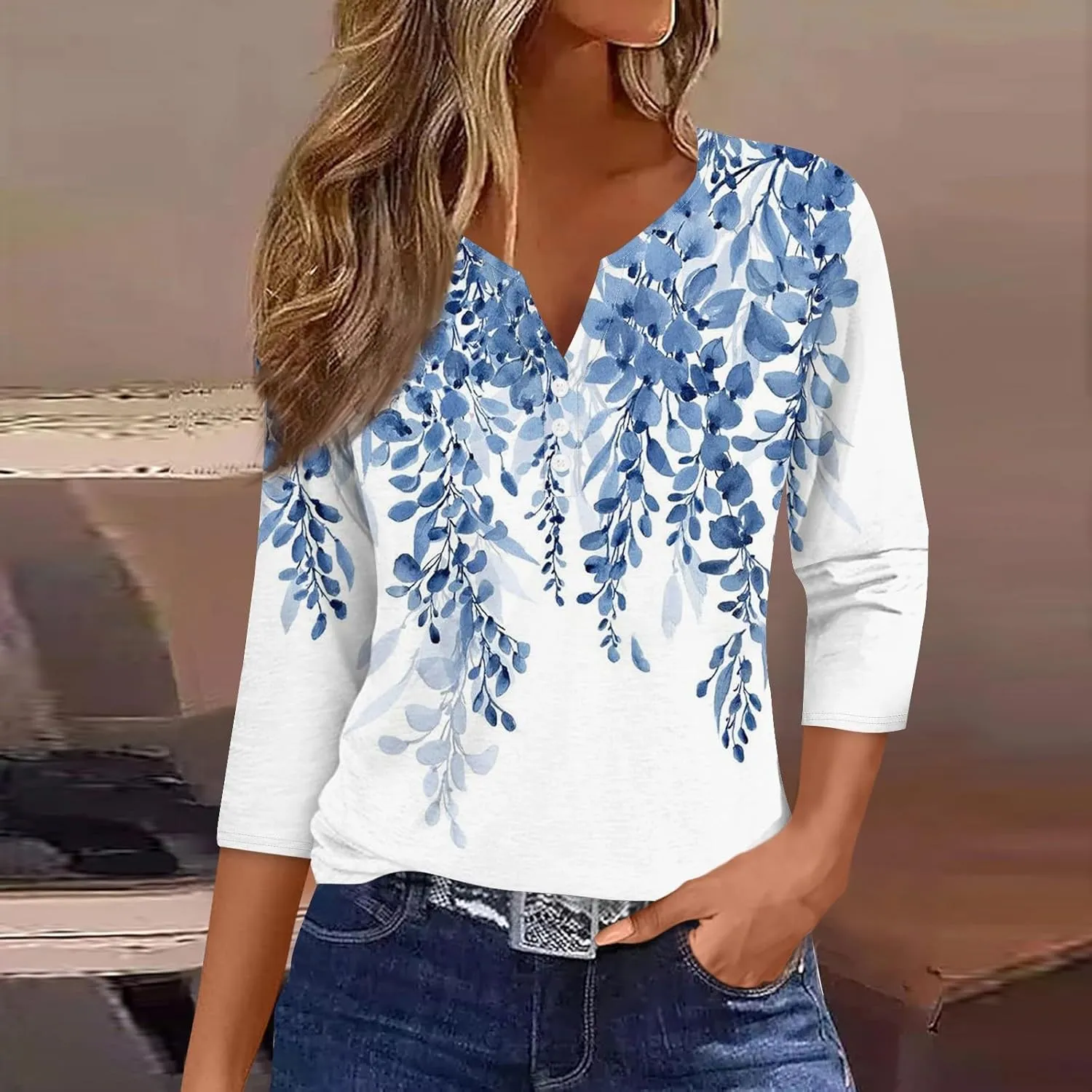 Women's 3/4 Sleeve Tops 2025 Summer Vacation Trendy Casual Shirts V Neck Loose Comfy Boho Clothes