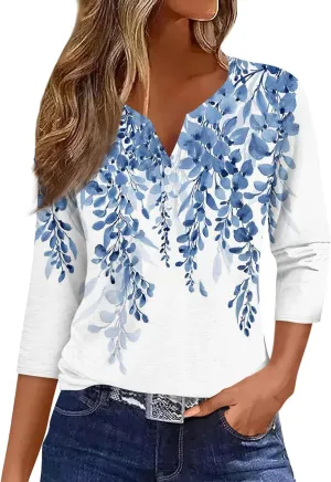 Women's 3/4 Sleeve Tops 2025 Summer Vacation Trendy Casual Shirts V Neck Loose Comfy Boho Clothes