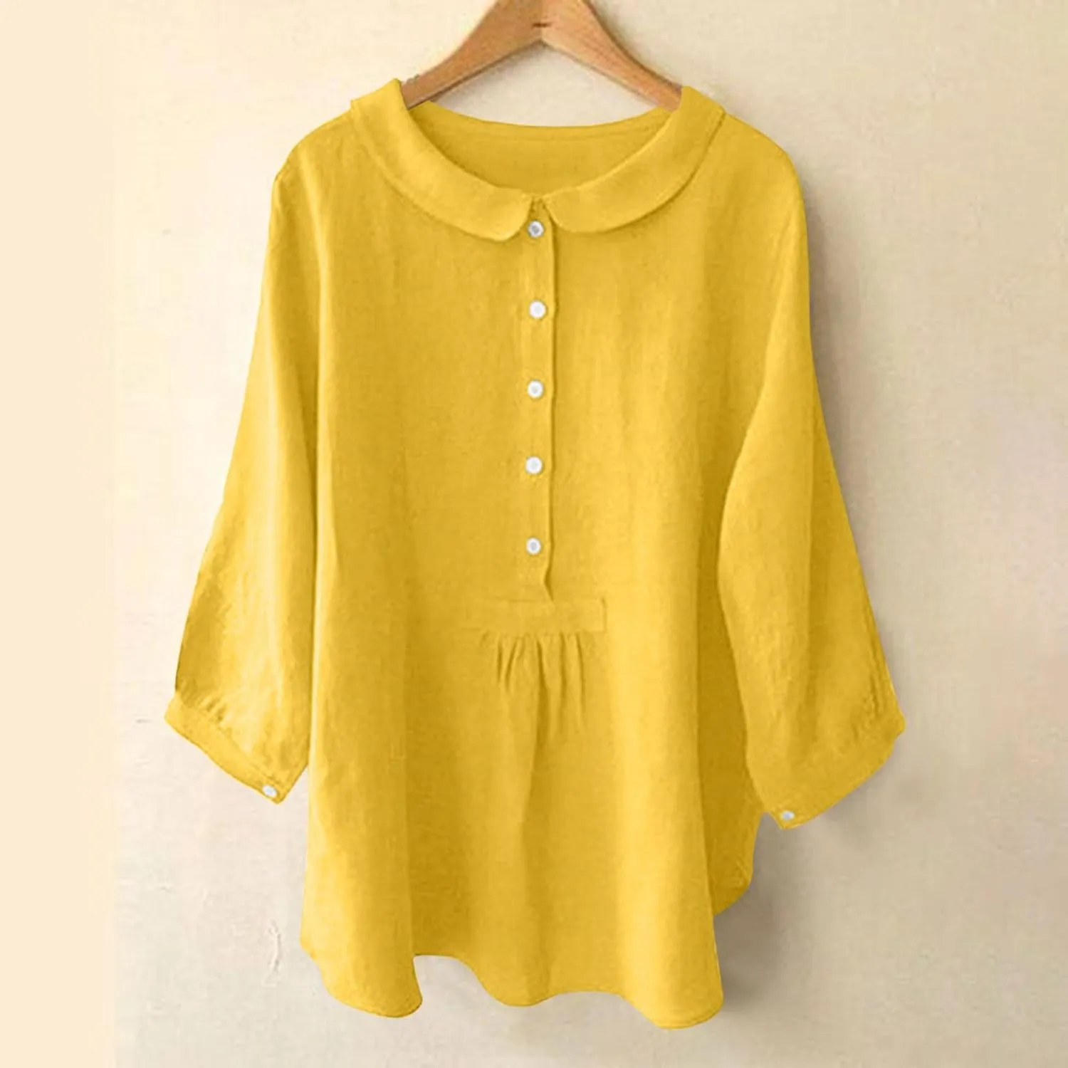 Womens 3/4 Sleeve Tops Button Down Crewneck Tunic Pullover Fashion Oversized Flowy Hem T-Shirts Cotton Linen Tees