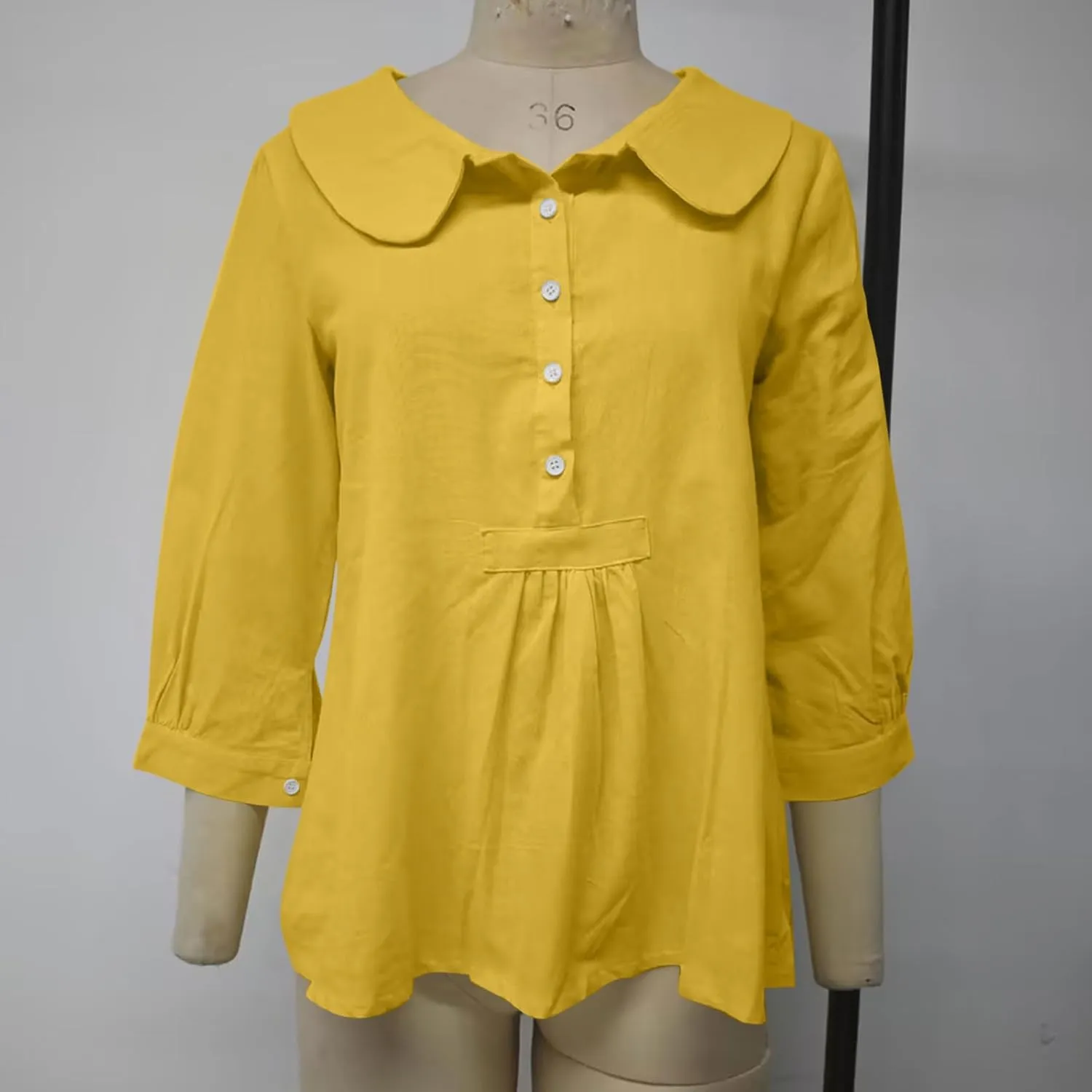 Womens 3/4 Sleeve Tops Button Down Crewneck Tunic Pullover Fashion Oversized Flowy Hem T-Shirts Cotton Linen Tees