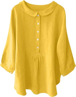 Womens 3/4 Sleeve Tops Button Down Crewneck Tunic Pullover Fashion Oversized Flowy Hem T-Shirts Cotton Linen Tees