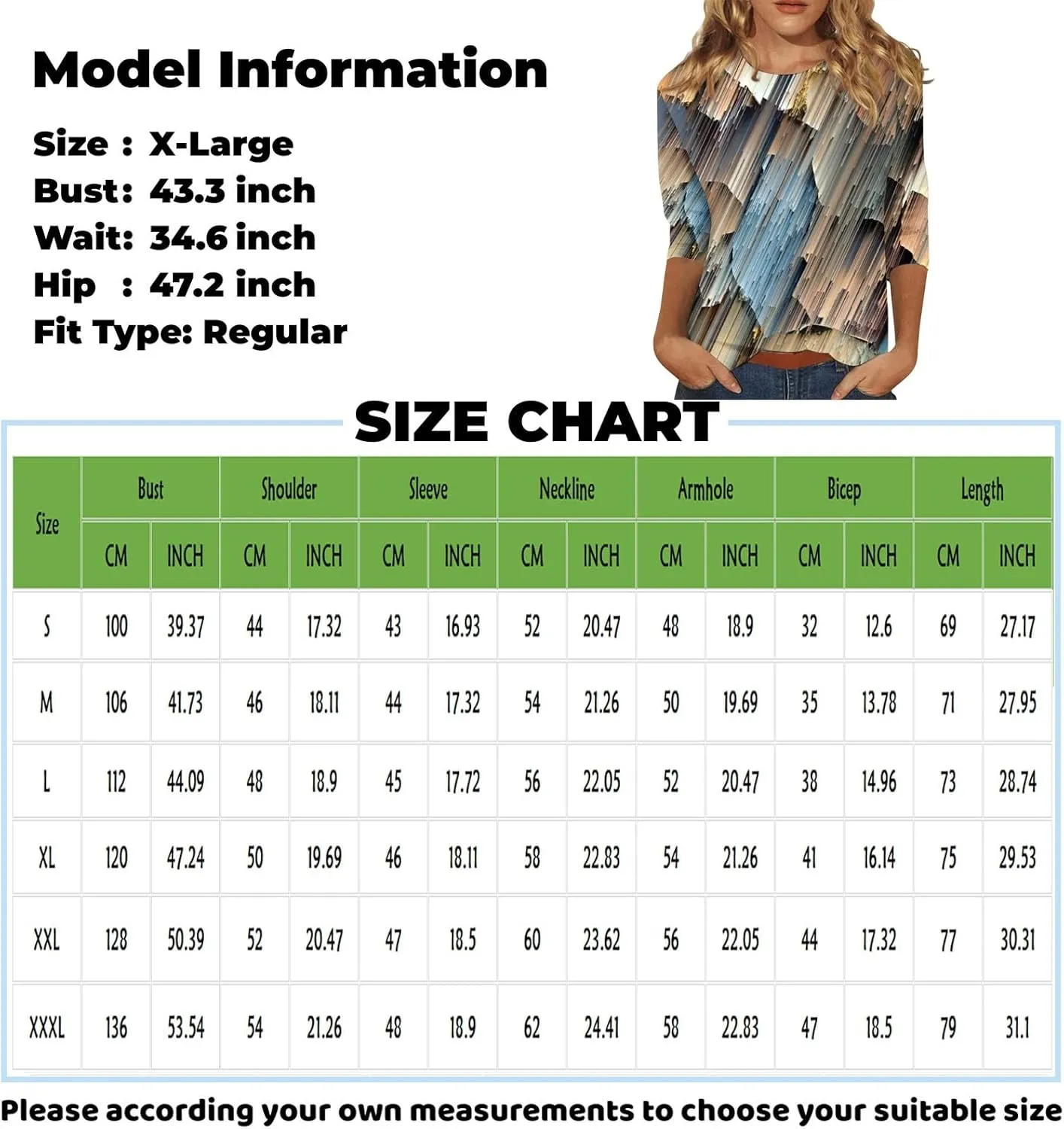 Women's 3/4 Sleeve Tops Shirts Dressy Casual Cute Print Graphic Tees Blouses Casual Plus Size Basic Tops